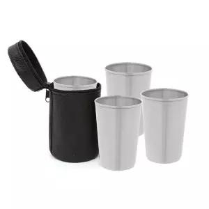휴대용 스텐 캠핑컵 4p세트(170ml) 가죽파우치 스테인리스컵 물컵 주스 쥬스 음료잔 보관치 용컵