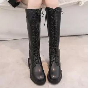 /옷자락 여자 레이스업 워커 스타일 롱 부츠
