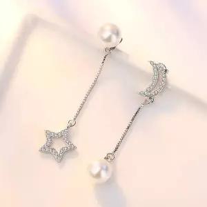 AAA 지르코니아 언발런스 달 진주 은침 쉘 귀걸이 별