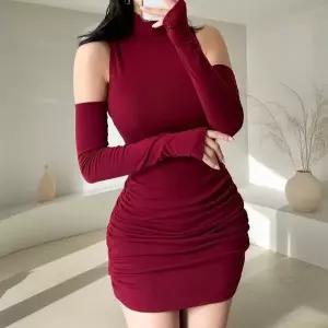 [하프클럽/]여자 워머 세트 하프넥 사이드 셔링 미니 원피스