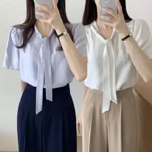 [하프클럽/]여자 넥라인 반소매 보우 세미 데일리 블라우스