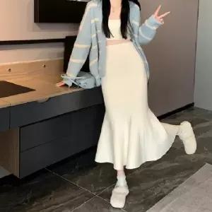 니트 머메이드 밴딩 스커트 플레어 편안한 롱치마 정장 밴딩 플레어 미디 겨울 롱 스커트