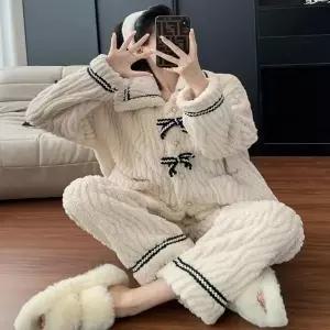 여성잠옷 사랑스러운 수면잠옷 겨울잠옷 여성 세트 리본 포근하고 겨울