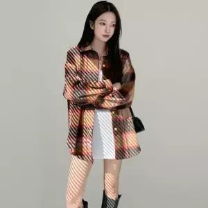 |CHJ6ADD|여성용 체크 배색 오버핏 데일리 셔츠 자켓