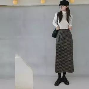 |KHK1800|여성 체크 롱 스커트 슬림핏 H라인 데일리 패션