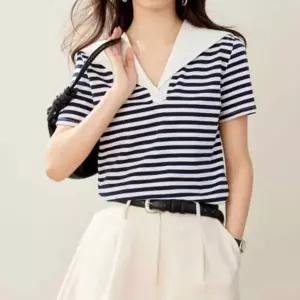 [다잇템] 여자 반소매 슬릿 카라 단가라 V넥 티셔츠