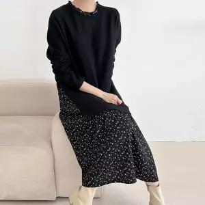 |KSO58C2|여성 기모 롱원피스 빅사이즈 플라워 프릴넥 블랙 드레스