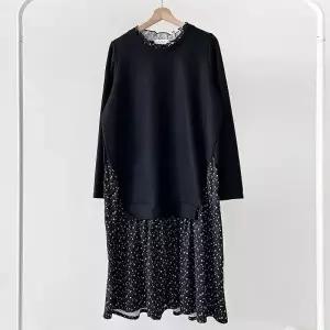 [다잇템] 여성 보온 프릴넥 롱 큰사이즈 꽃무늬 검정 원피스