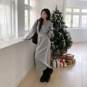 |KHD2829|여성 후드 집업 크롭탑과 허리밴딩 스커트 세트