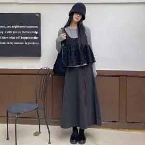 |CHK1801|여성용 A라인 롱 스커트 가죽벨트 세트 플레어 디자인