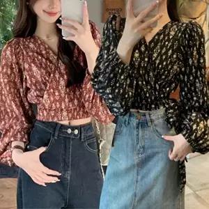 [옷자락]여자 크롭 랩스타일 벌룬 소매 포인트 블라우스