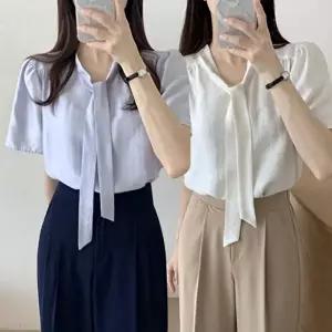 [옷자락]여자 베이직 넥라인 타이 세미 반팔 블라우스