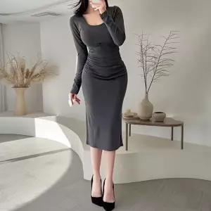 [옷자락]여자 셔링 슬림핏 U넥 사이드 트임 미디 원피스