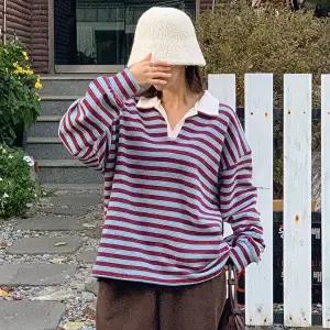 [옷자락]여자 오픈카라 배색 스트라이프 오버핏 힙커버 티셔츠