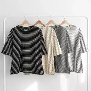 [다잇템] 여성 기모반팔티 사이드슬릿 빅사이즈 줄무늬 스판티