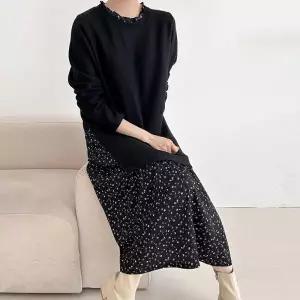 KSO58C2여성 기모 롱원피스 빅사이즈 플라워 프릴넥 블랙 드레스