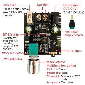 ZK301B 30W Bluetooth 5.3 오디오 증폭기 모듈 DC 9V-24V 모노 채널 디지털 보드 지원 무선 TWS