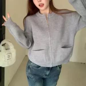 여자 절개 포켓 포인트 잔골지 니트 가디건