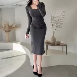 여자 셔링 슬림핏 U넥 사이드 트임 미디 원피스