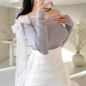 여자 오프숄더라인 시스루 슬림핏 티셔츠