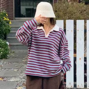 여자 오픈카라 배색 스트라이프 힙커버 티셔츠