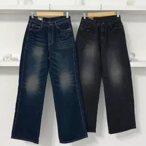 여성 빅사이즈 두꺼운 기모 워싱 스티치 데님팬츠