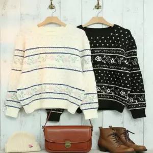 여자 꽃무늬 U넥 플라워패턴 땡땡이 빅사이즈 콘트라스트 니트