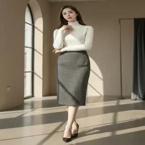 여자 H라인 겨울정장 뒤트임 체크 울치마 미디 스커트