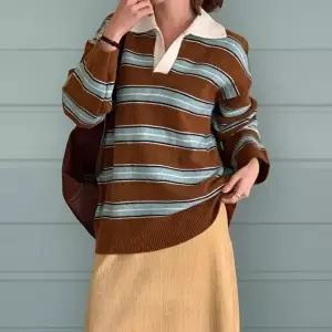 [신상오픈런]|KST9DA5|여성용 겨울 배색 카라넥 스트라이프 럭비 빨간색 니트