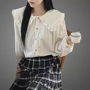 [신상오픈런]|CHH41EA|여성 루즈핏 코듀로이 블라우스 프릴 빅카라 디자인