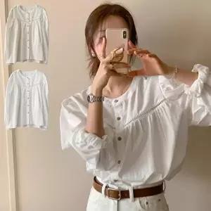 [옷자락]여자 퍼프 소매 노카라 펀칭 디테일 긴팔 셔츠