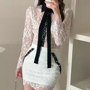 [옷자락]여자 파티룩 리본 카라넥 시스루 레이스 패턴 블라우스