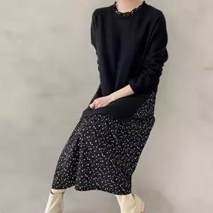 [옷자락]여성 기모 롱원피스 빅사이즈 플라워 프릴넥 검정색 원피스