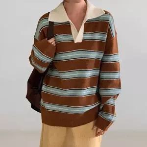 [옷자락]여성 겨울 배색 카라넥 스트라이프 럭비 티셔츠 루즈핏 레드 니트