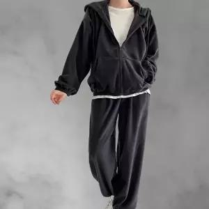 [옷자락]여성 겨울 플리스 주머니 박시 후드 집업 조거팬츠 세트