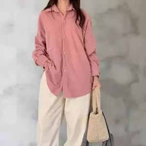 [옷자락]여성 골덴 셔츠 포켓 루즈핏 힙커버 핑크색 블라우스