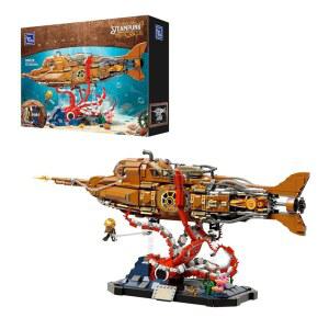 팬타지 스팀펑크 노틸러스 잠수함 건조 세트, 기어 연결 프로펠러가 있는 모듈식 3섹션 디자인, 미니 보트 및 해저 어드벤처 장면, 레트로 기계 수집형 모델 키트