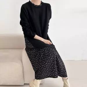 KSO58C2여성 기모 롱원피스 빅사이즈 플라워 프릴넥 블랙 드레스