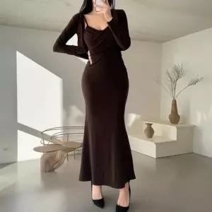 [옷자락]여자 랩스타일 셔링 롱 원피스 긴팔 숏 가디건 세트