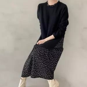 [옷자락]여성 기모 롱원피스 빅사이즈 플라워 프릴넥 검정색 원피스