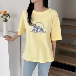 /옷자락 여자 배색 프린팅 노란색티 반팔 티셔츠
