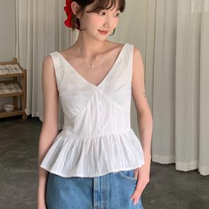 BANHANY 힐리히？？ 브이넥 민소매 플레어 블라우스