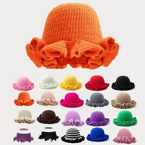 항암모자 보헤미안 스타일 솔리드 컬러 손뜨개 니트 모자 속이 빈 주름 디자인 버킷 벙거지