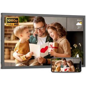 대형 디지털 액자 21.5인치 WiFi 사진 - 32GB, 듀얼 액자로 스마트폰 화면 미러링, 자동 회전, 앱 이메일을 통한 동영상 공유, 벽걸이, 아빠를 위한 선물 지원