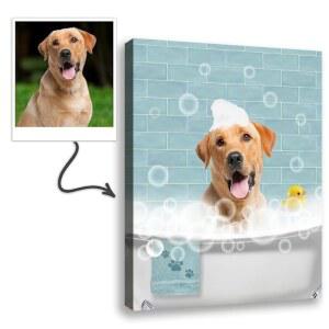 맞춤형 반려동물 초상화 벽 아트 - 캔버스에 사진 찍기, 욕조 욕실 장식의 재미있는 강아지, 개인 선물, 액자 포스터 인쇄 가능