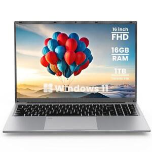 BIGASUO 16인치 노트북 컴퓨터, 16GB DDR4 RAM 1TB SSD, 쿼드코어 N100 프로세서 최대 3.4GHz, 1200P FHD IPS 디스플레이, USB 3.0, Type-C, Mini-HDMI, 2.4/5G WiFi, RJ45, Sliver가 탑재된 Windows 11 노트북