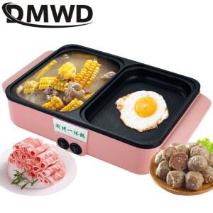 110V 220V 전기 냄비 밥솥 2 IN 1 바베큐 그릴 다기능 비 스틱 플레이트 팬 1200W