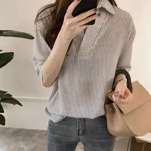 [하프클럽/]시즌 세로줄 7부셔츠 브이넥카라탑 데일리셔츠