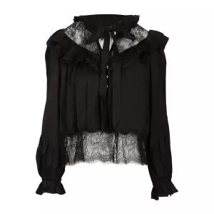 블랙 비스코스 레이스 트림 러플 칼라 블라우스 RS26 192T B BLACK