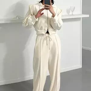 [옷자락]여자 크롭 투웨이 숄더 후드집업 절개 골지팬츠 세트